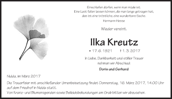Traueranzeige von Ilka Kreutz von  Kreisanzeiger