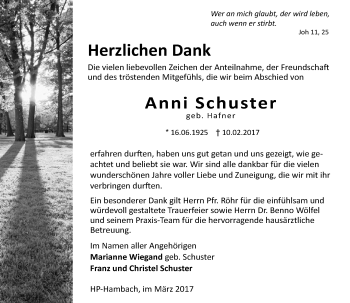 Traueranzeige von Anni Schuster von Trauerportal Echo Online