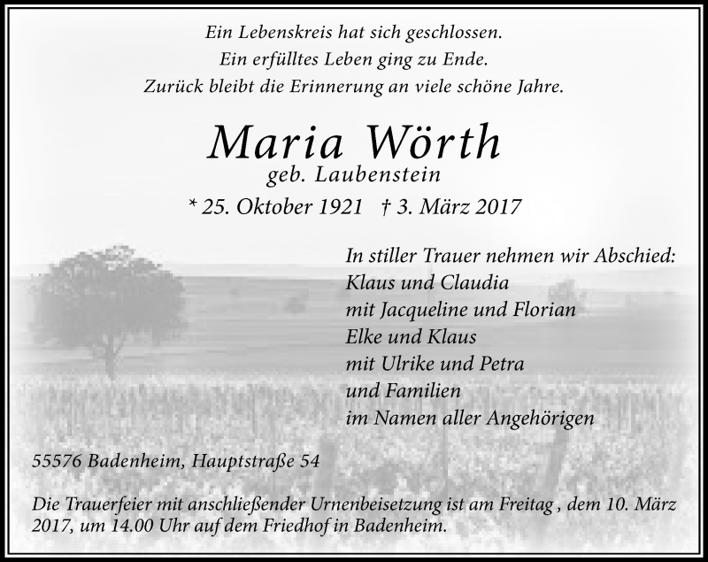  Traueranzeige für Maria Wörth vom 08.03.2017 aus Trauerportal Rhein Main Presse