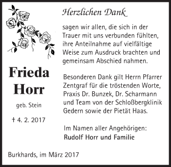 Traueranzeige von Frieda Horr von  Kreisanzeiger