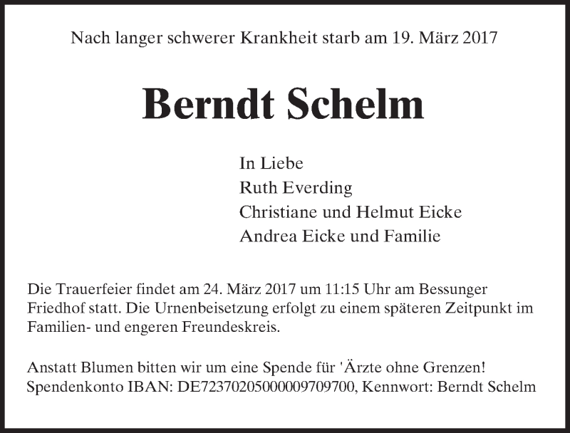  Traueranzeige für Berndt Schelm vom 22.03.2017 aus Trauerportal Echo Online
