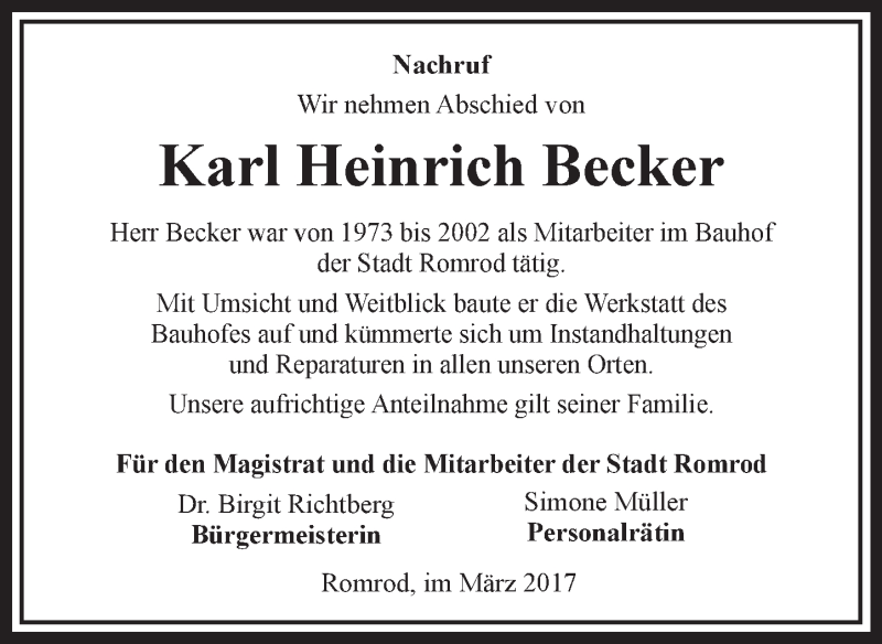  Traueranzeige für Karl Heinrich Becker vom 28.03.2017 aus VRM Trauer