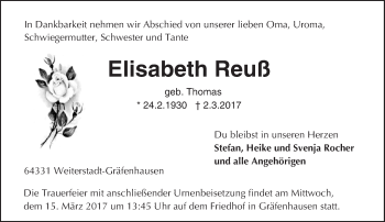 Traueranzeige von Elisabeth Reuß von Trauerportal Echo Online