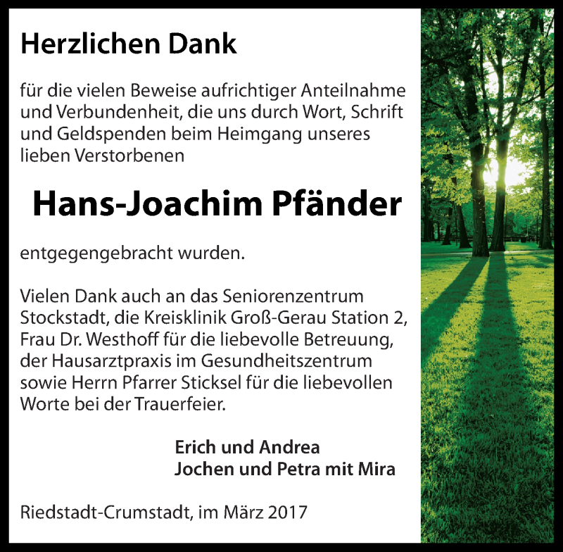  Traueranzeige für Hans-Joachim Pfänder vom 11.03.2017 aus Trauerportal Echo Online