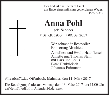 Traueranzeige von Anna Pohl von  Gießener Anzeiger