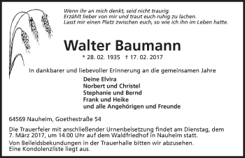 Traueranzeige von Walter Baumann von Trauerportal Echo Online