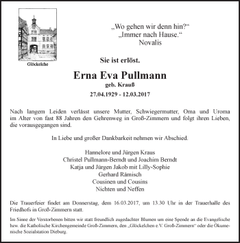 Traueranzeige von Erna Eva Pullmann von Trauerportal Echo Online