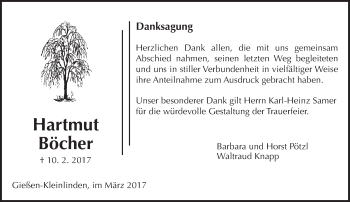 Traueranzeige von Hartmut Böcher von  Gießener Anzeiger
