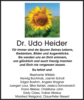 Traueranzeige von Udo Heider von Trauerportal Echo Online