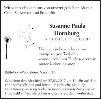 Traueranzeige von Susanne Paula Hornburg von Trauerportal Echo Online
