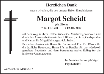 Traueranzeige von Margot Scheidt von Trauerportal Rhein Main Presse