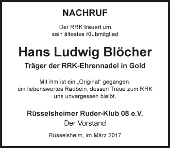 Traueranzeige von Hans Ludwig Blöcher von Trauerportal Rhein Main Presse