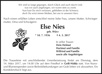 Traueranzeige von Else Nies von  Kreisanzeiger