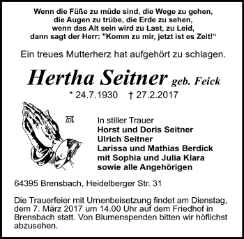 Traueranzeige von Hertha Seitner von Trauerportal Echo Online