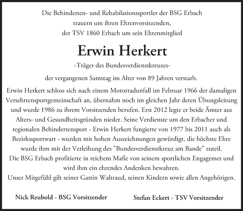  Traueranzeige für Erwin Herkert vom 27.04.2017 aus Trauerportal Echo Online