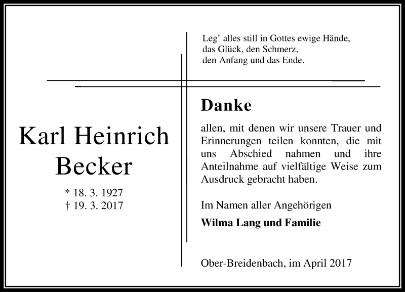  Traueranzeige für Karl Heinrich Becker vom 15.04.2017 aus VRM Trauer