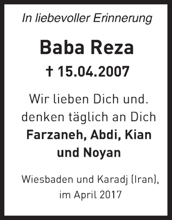 Traueranzeige von Baba Reza von Trauerportal Rhein Main Presse