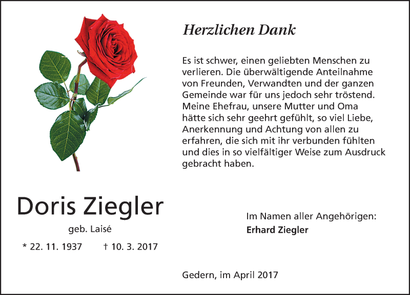  Traueranzeige für Doris Ziegler vom 01.04.2017 aus  Kreisanzeiger