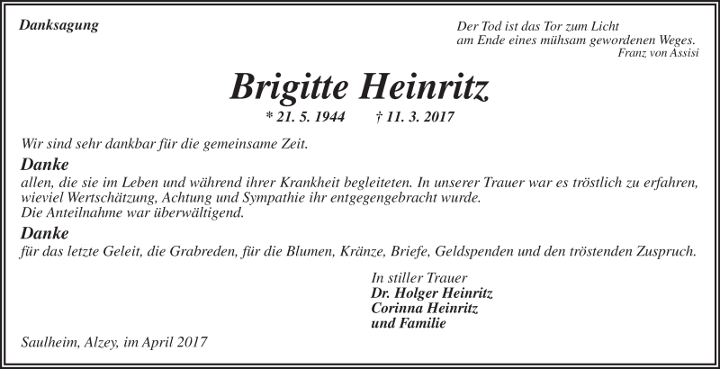  Traueranzeige für Brigitte Heinritz vom 15.04.2017 aus Trauerportal Rhein Main Presse