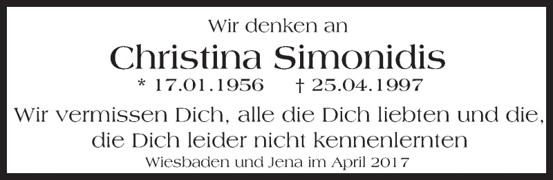  Traueranzeige für Christina Simonidis vom 25.04.2017 aus Trauerportal Rhein Main Presse
