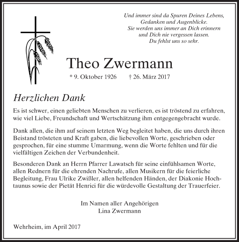  Traueranzeige für Theo Zwermann vom 15.04.2017 aus  Usinger Anzeiger
