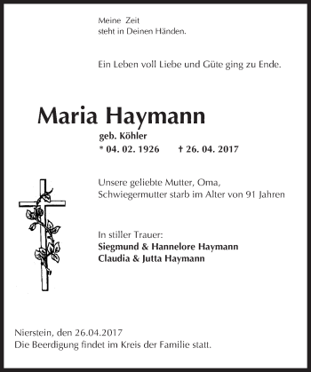 Traueranzeige von Maria Haymann von Trauerportal Rhein Main Presse