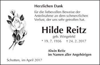 Traueranzeige von Hilde Reitz von  Kreisanzeiger
