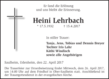 Traueranzeige von Heini Lehrbach von Trauerportal Rhein Main Presse