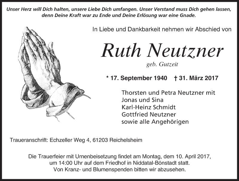  Traueranzeige für Ruth Neutzner vom 06.04.2017 aus  Kreisanzeiger