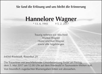 Traueranzeige von Hannelore Wagner von Trauerportal Rhein Main Presse