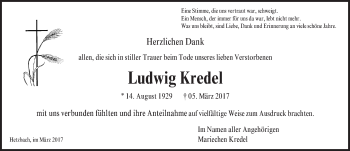 Traueranzeige von Ludwig Kredel von Trauerportal Echo Online
