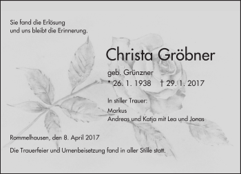 Traueranzeige von Christa Gröbner von  Kreisanzeiger