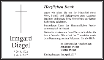 Traueranzeige von Irmgard Diegel von VRM Trauer