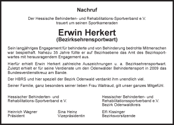 Traueranzeige von Erwin Herkert von Trauerportal Echo Online