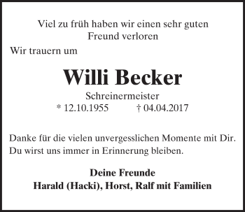 Traueranzeige von Willi Becker von Trauerportal Rhein Main Presse