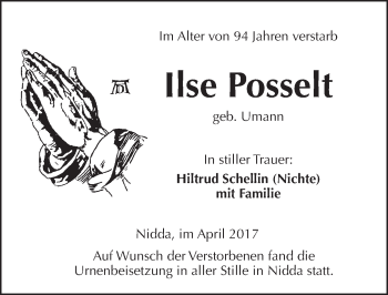 Traueranzeige von Ilse Posselt von  Kreisanzeiger