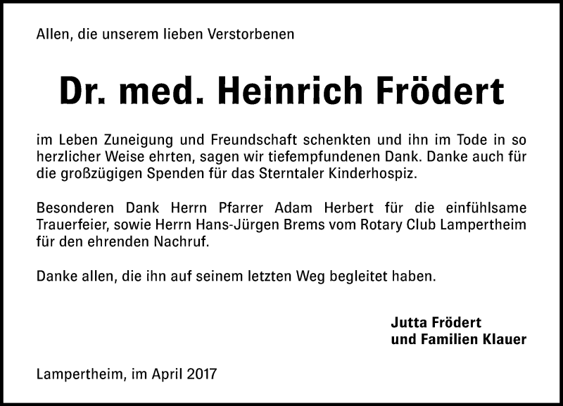  Traueranzeige für Heinrich Frödert vom 08.04.2017 aus Trauerportal Rhein Main Presse