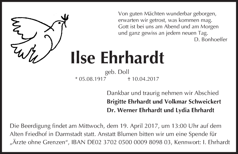  Traueranzeige für Ilse Ehrhardt vom 15.04.2017 aus Trauerportal Echo Online