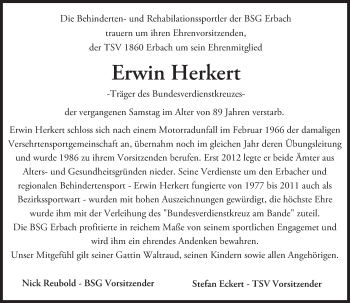 Traueranzeige von Erwin Herkert von Trauerportal Echo Online