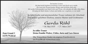 Traueranzeige von Gerda Rühl von  Usinger Anzeiger