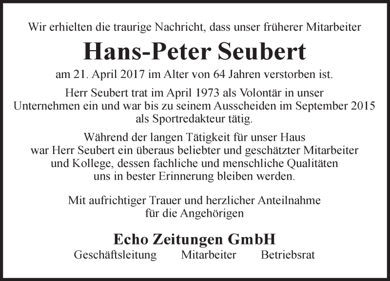  Traueranzeige für Hans-Peter Seubert vom 26.04.2017 aus Trauerportal Echo Online