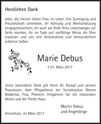 Traueranzeige von Marie Debus von  Kreisanzeiger