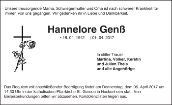 Traueranzeige von Hannelore Genß von Trauerportal Rhein Main Presse