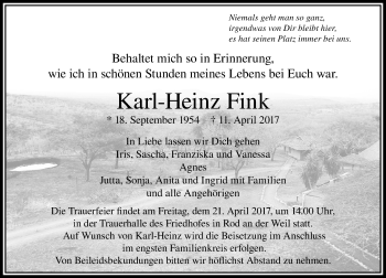 Traueranzeige von Karl-Heinz Fink von  Usinger Anzeiger