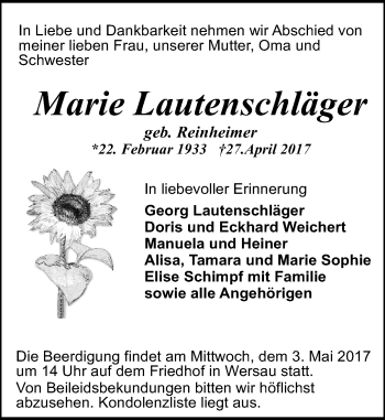 Traueranzeige von Marie Lautenschläger von Trauerportal Echo Online
