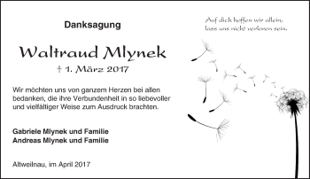 Traueranzeige von Waltraud Mlynek von  Usinger Anzeiger