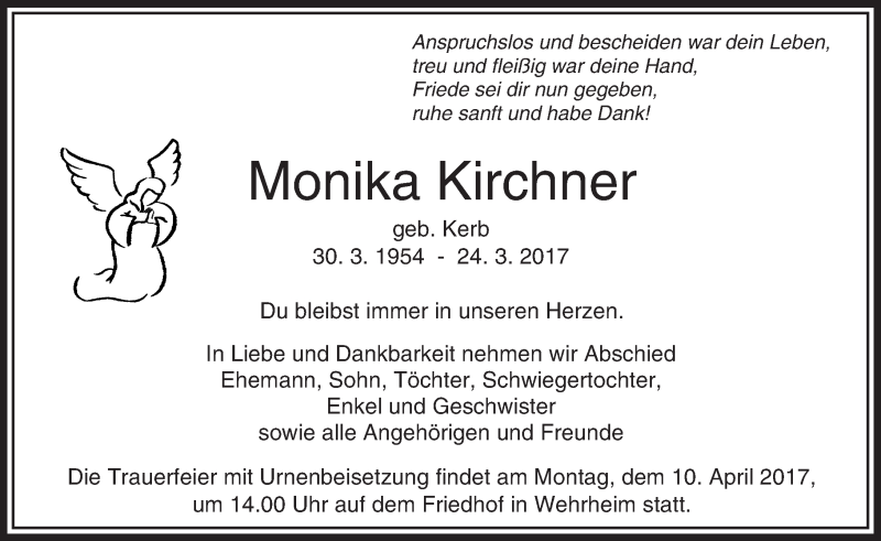  Traueranzeige für Monika Kirchner vom 05.04.2017 aus  Usinger Anzeiger