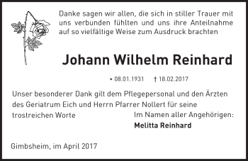 Traueranzeige von Johann Wilhelm Reinhard von Trauerportal Rhein Main Presse