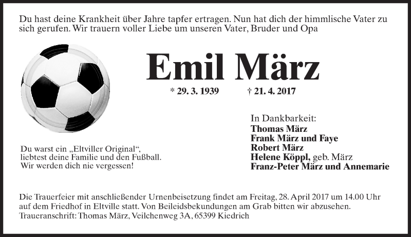  Traueranzeige für Emil März vom 25.04.2017 aus Trauerportal Rhein Main Presse