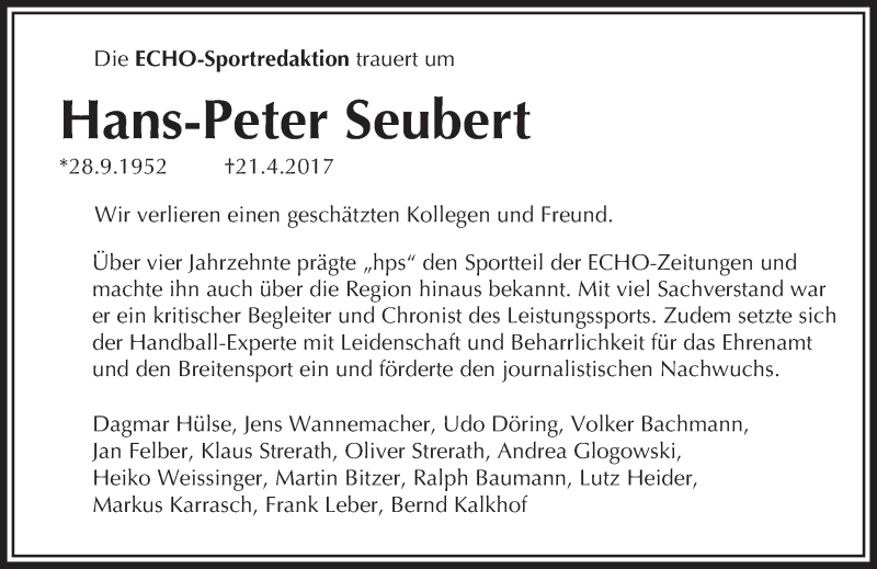  Traueranzeige für Hans-Peter Seubert vom 26.04.2017 aus Trauerportal Echo Online